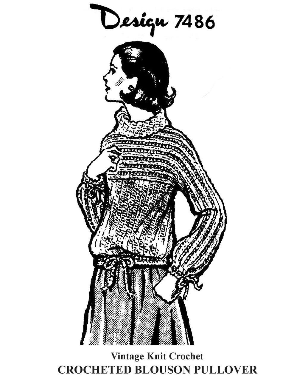 Crochet Pullover Pattern, Turtleneck with waist ties, Design 7486
