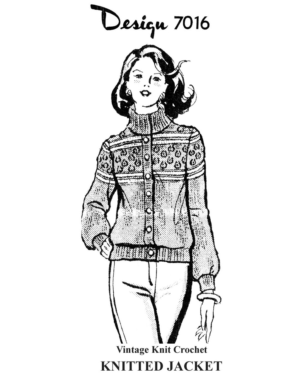 Knitted Sweater or Jacket with patterned yoke between stripes, mail order design 7016
