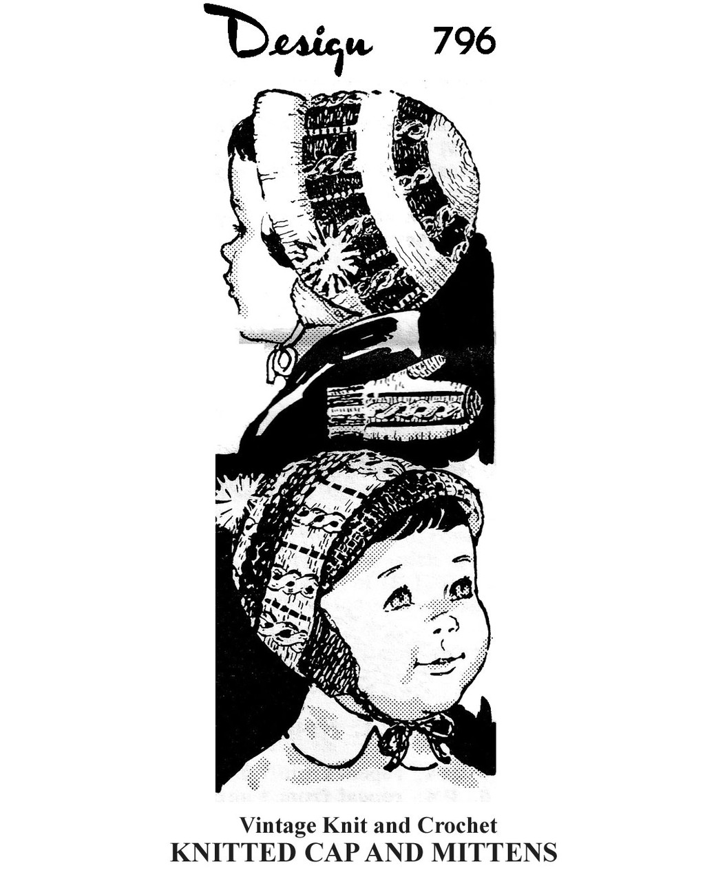 Boys & Girls Knitted Cable Cap Pattern with Mittens, Design 796
