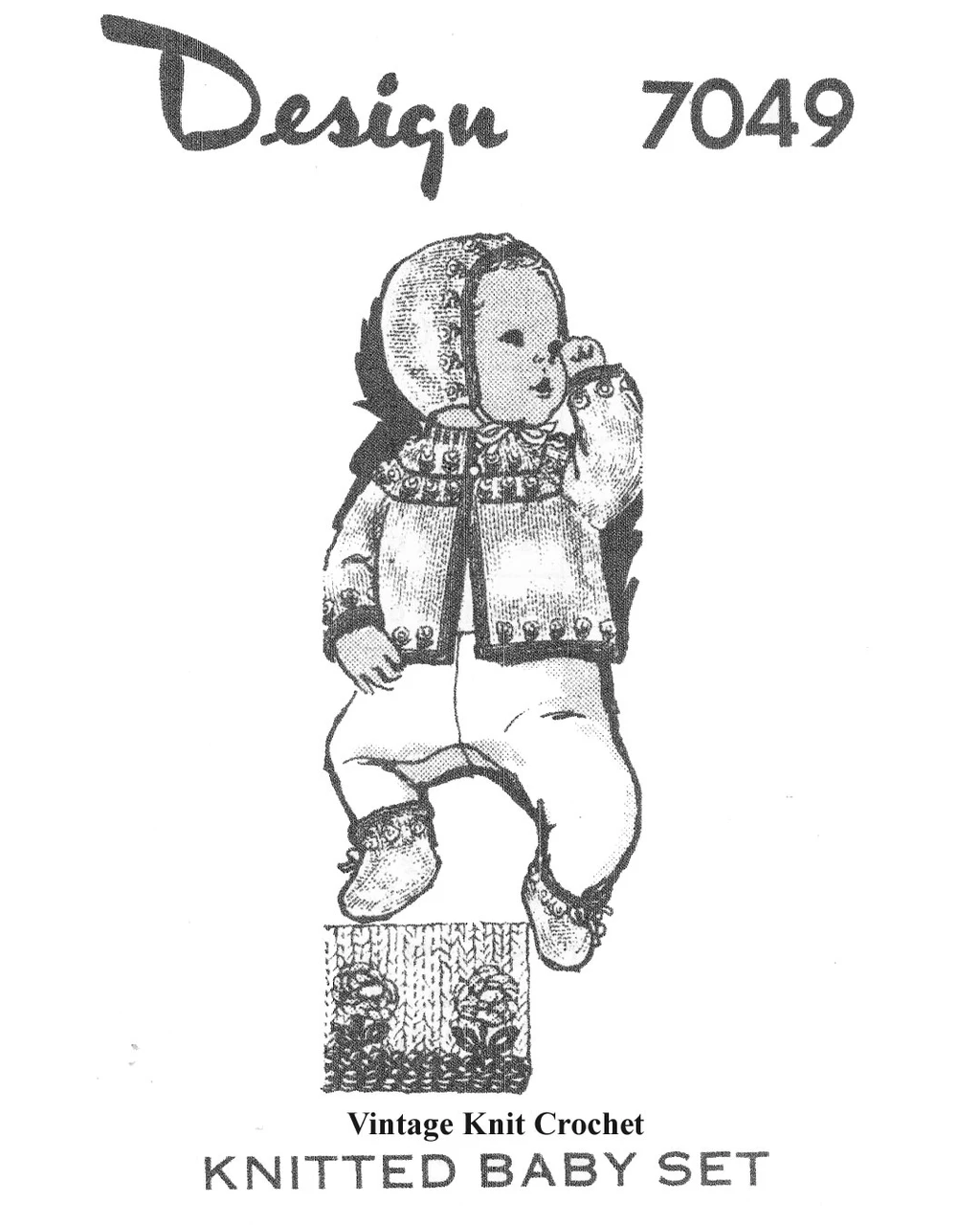 Knitted Three Piece Baby Set with Posies in Popcorn Stitch, Mail Order Design 7049 from Alice Brooks