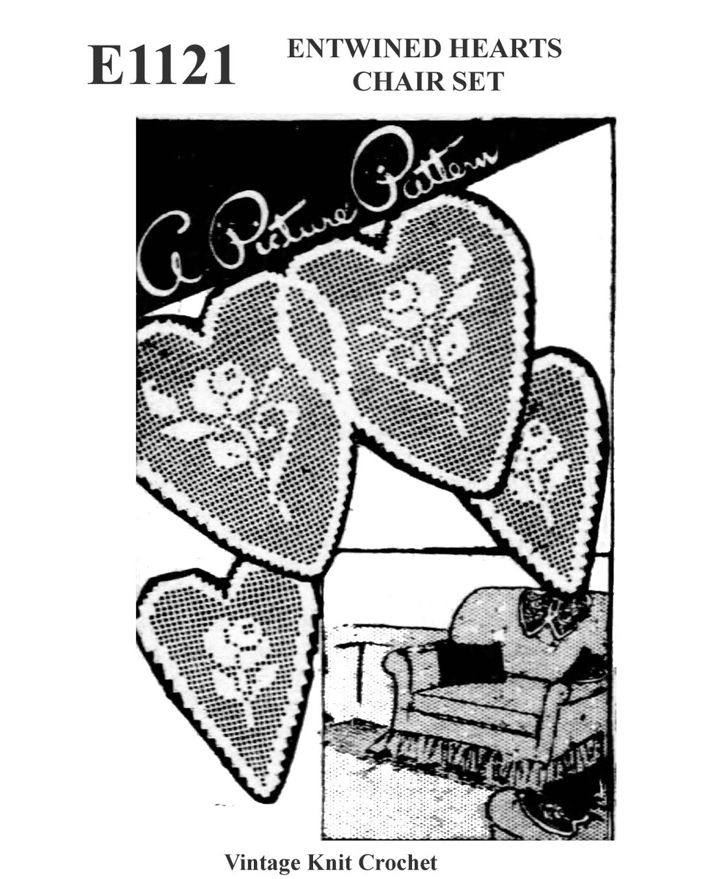Hearts Entwined Filet Crochet Chair Doily Pattern Set, Mail Order No E-1121