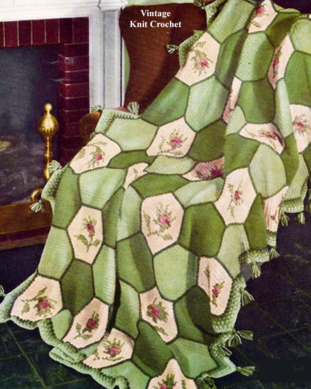 Hexagon Rose Motif Crochet Afghan Pattern, Vintage 1950s
