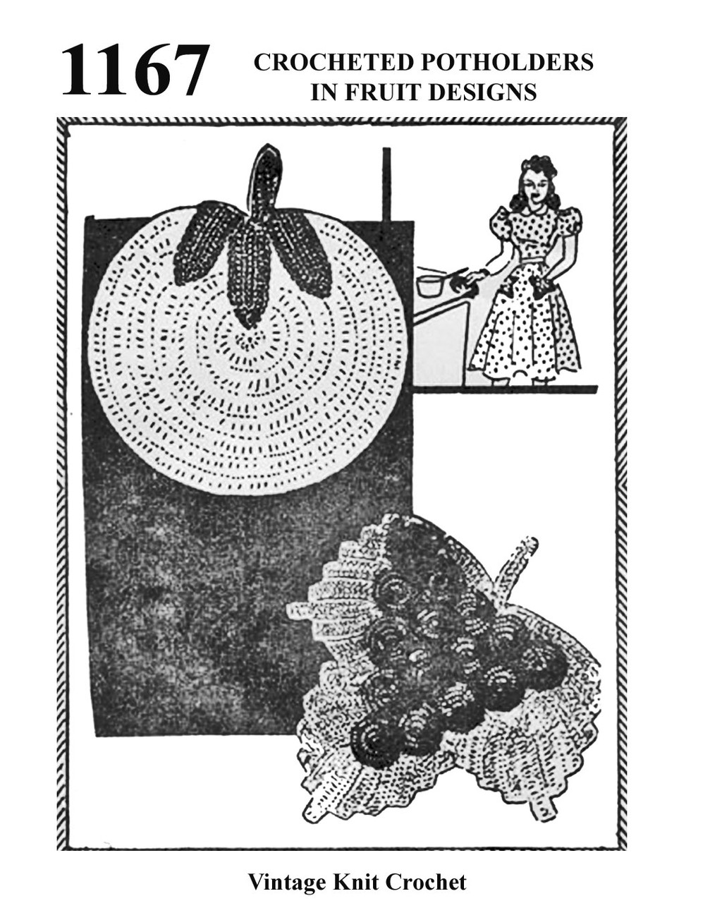 Tomato and Grapes Crochet Potholders Pattern, Needlework Bureau 1167