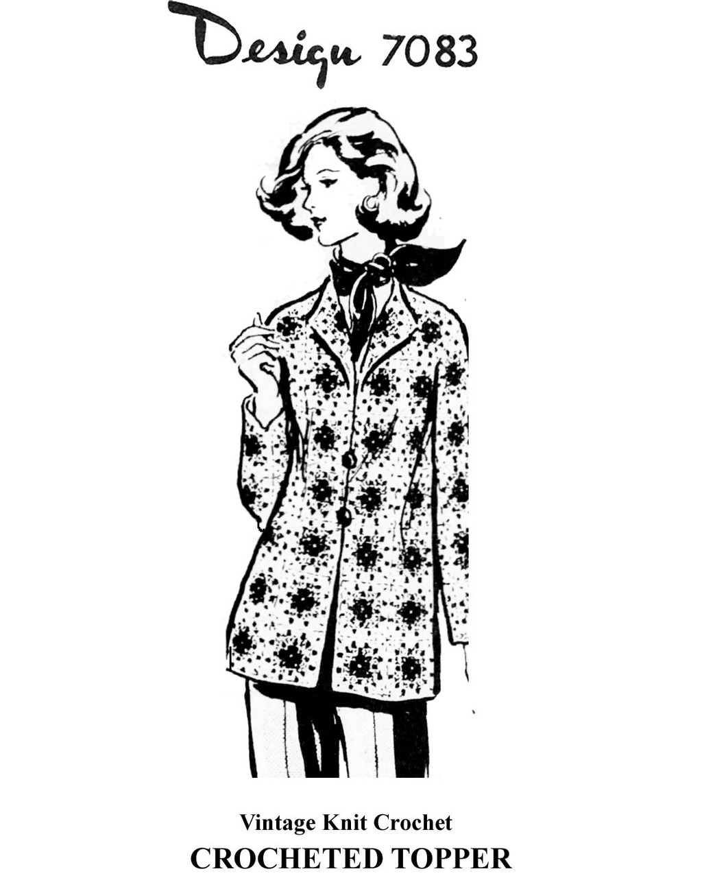 Granny Square Crocheted Coat Pattern, Thigh Length, Design 7083