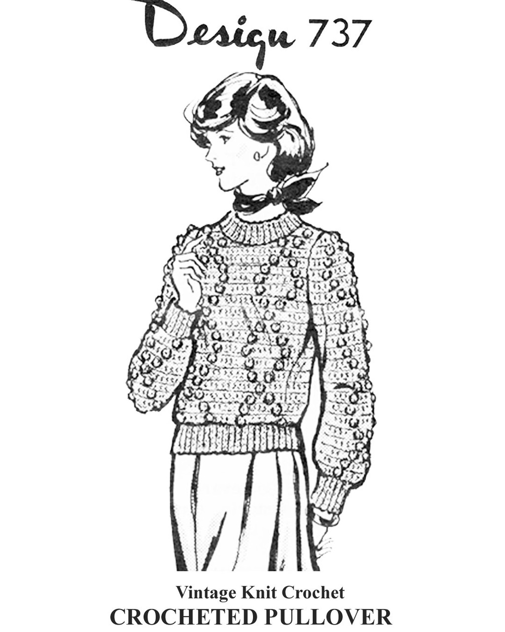 Crochet Pullover Pattern, Ribbed Edges and Popcorn Stitch Design 737