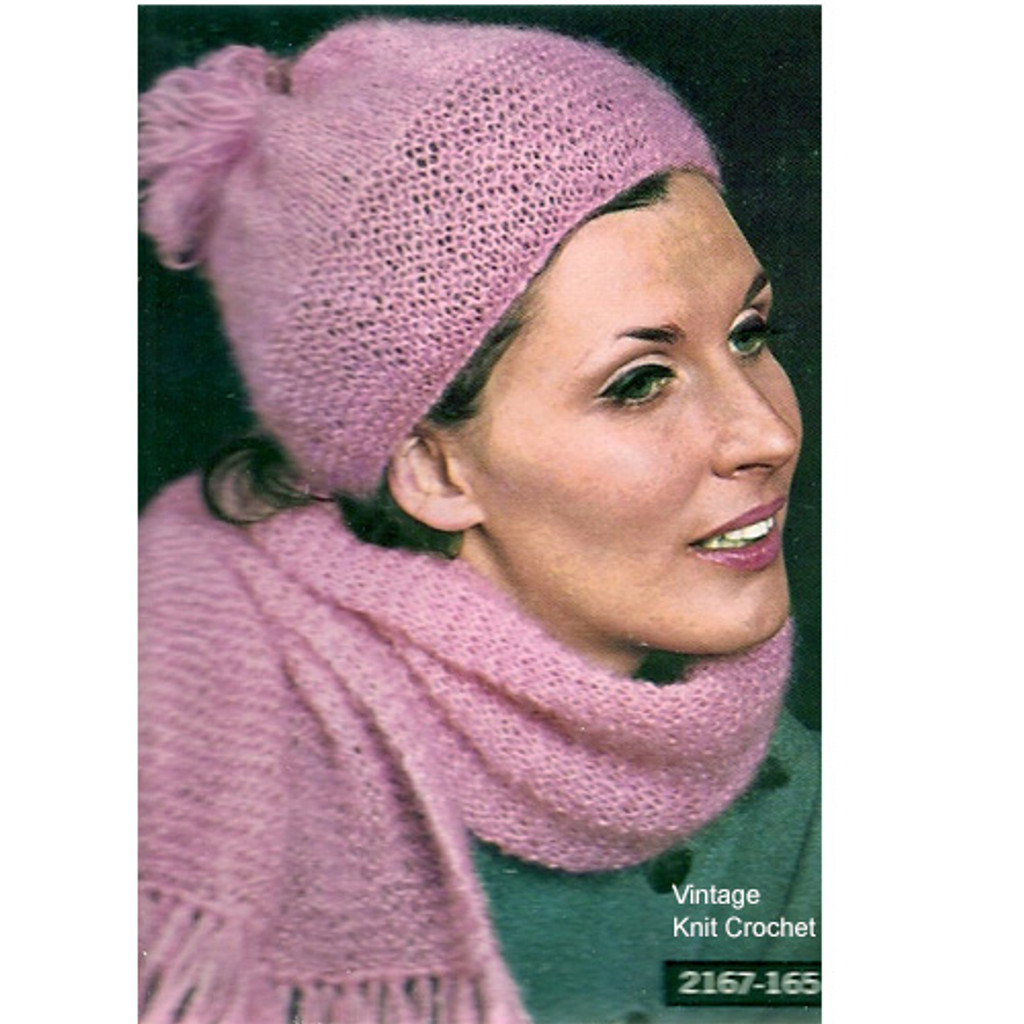 Knitted Beanie Hat Scarf Pattern in Mohair Yarn