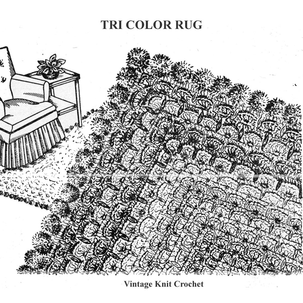 Crochet Area Rug Pattern, pompom trimmed edge Vintage Workbasket