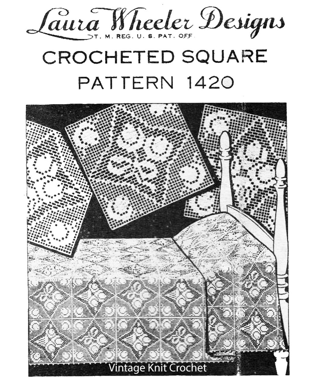 Two Rose Filet Crochet Squares Pattern , Joined for bedspread, Design 1420