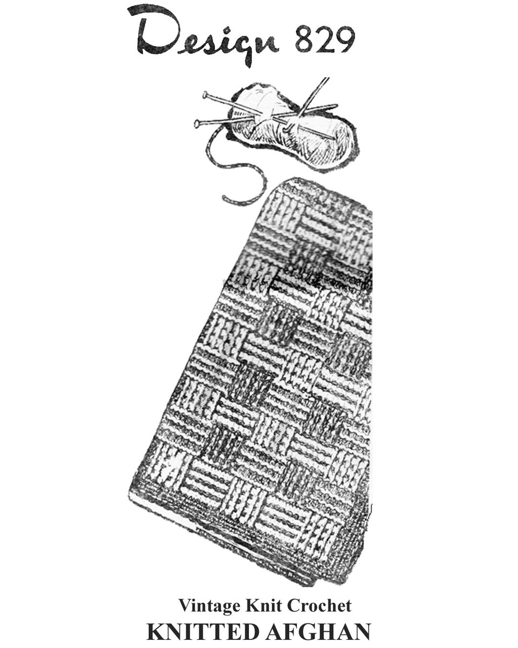 Easy Knitted Afghan Throw, of woven square blocks. Design 829