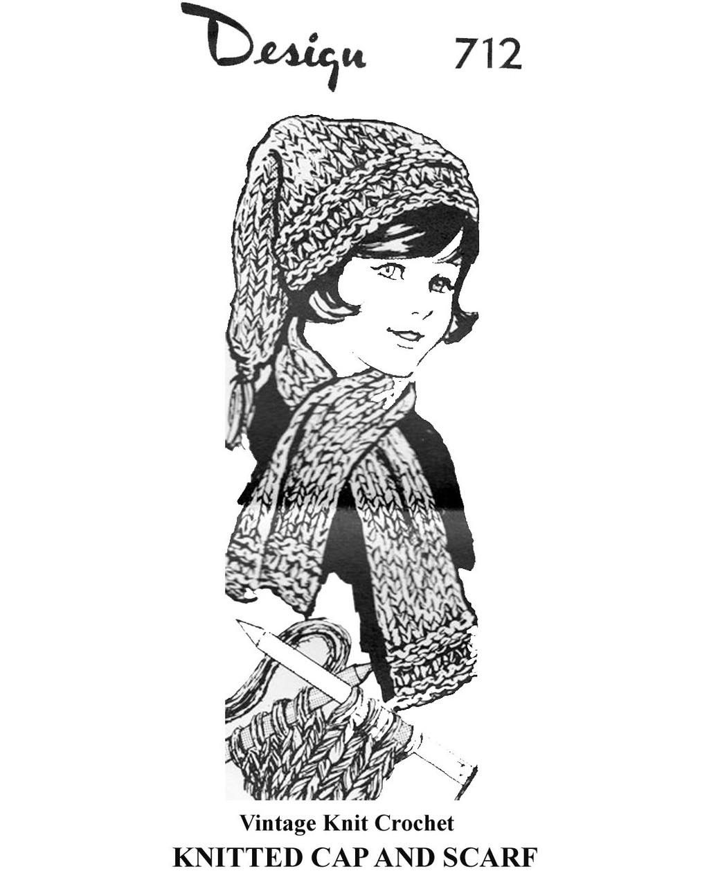 Knitted Stocking Cap with Scarf Pattern, Mail Order Design 712