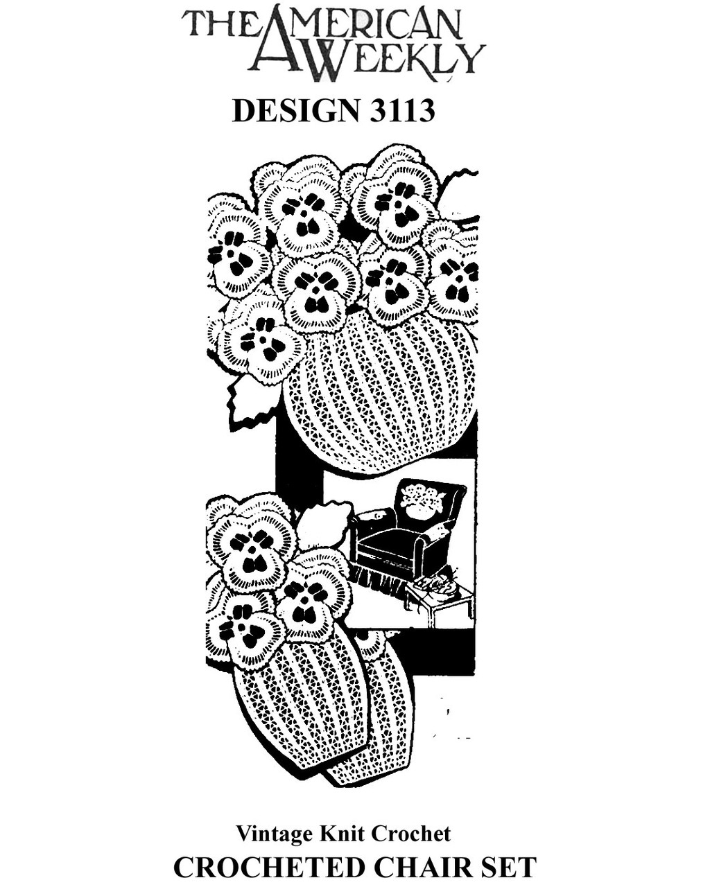 Crochet Pansy Chair Doily Set, Design 3113