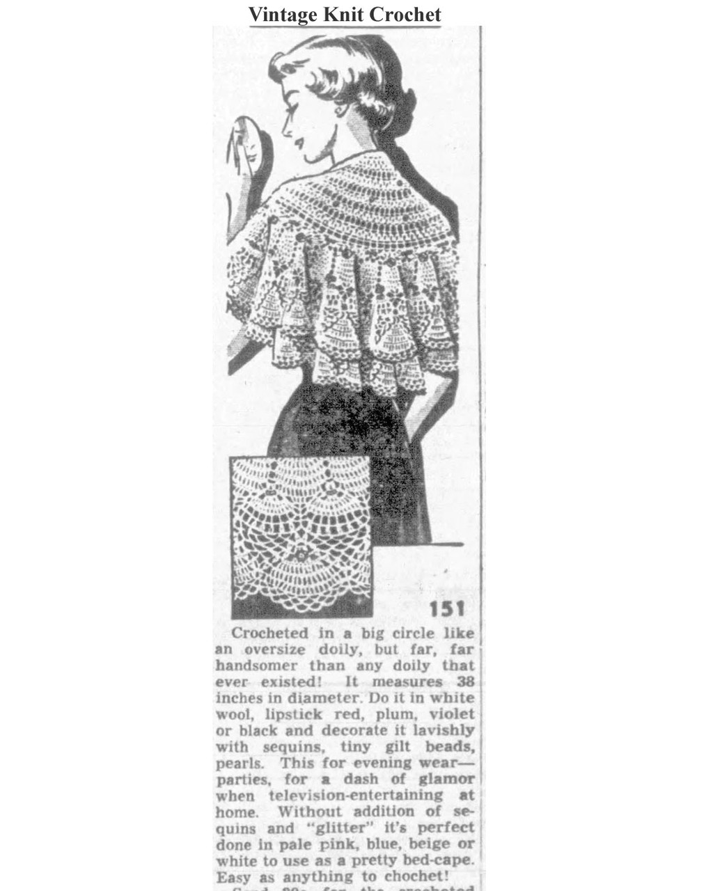 Mail Order Pattern No 151, Crochet Shawl Newspaper Advertisement