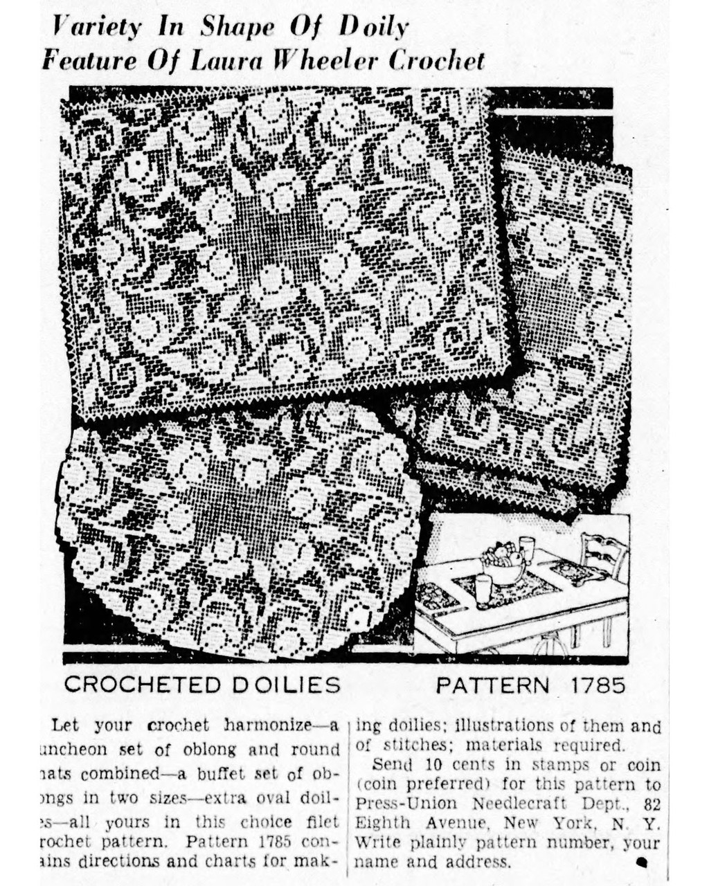 Mail Order Design 1785, Filet Crochet Doilies Newspaper Advertisement