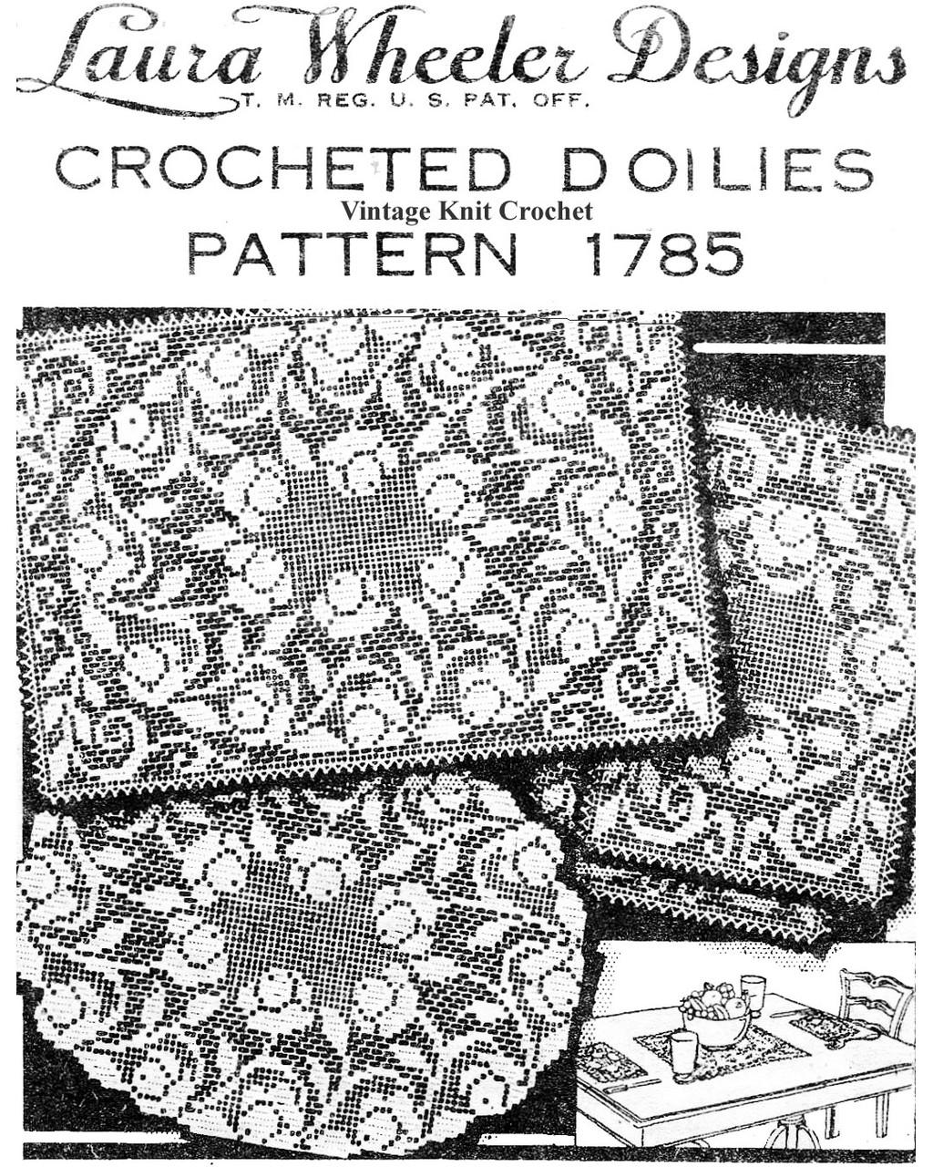 Vintage 1938 filet crochet rose luncheon set pattern design 1785