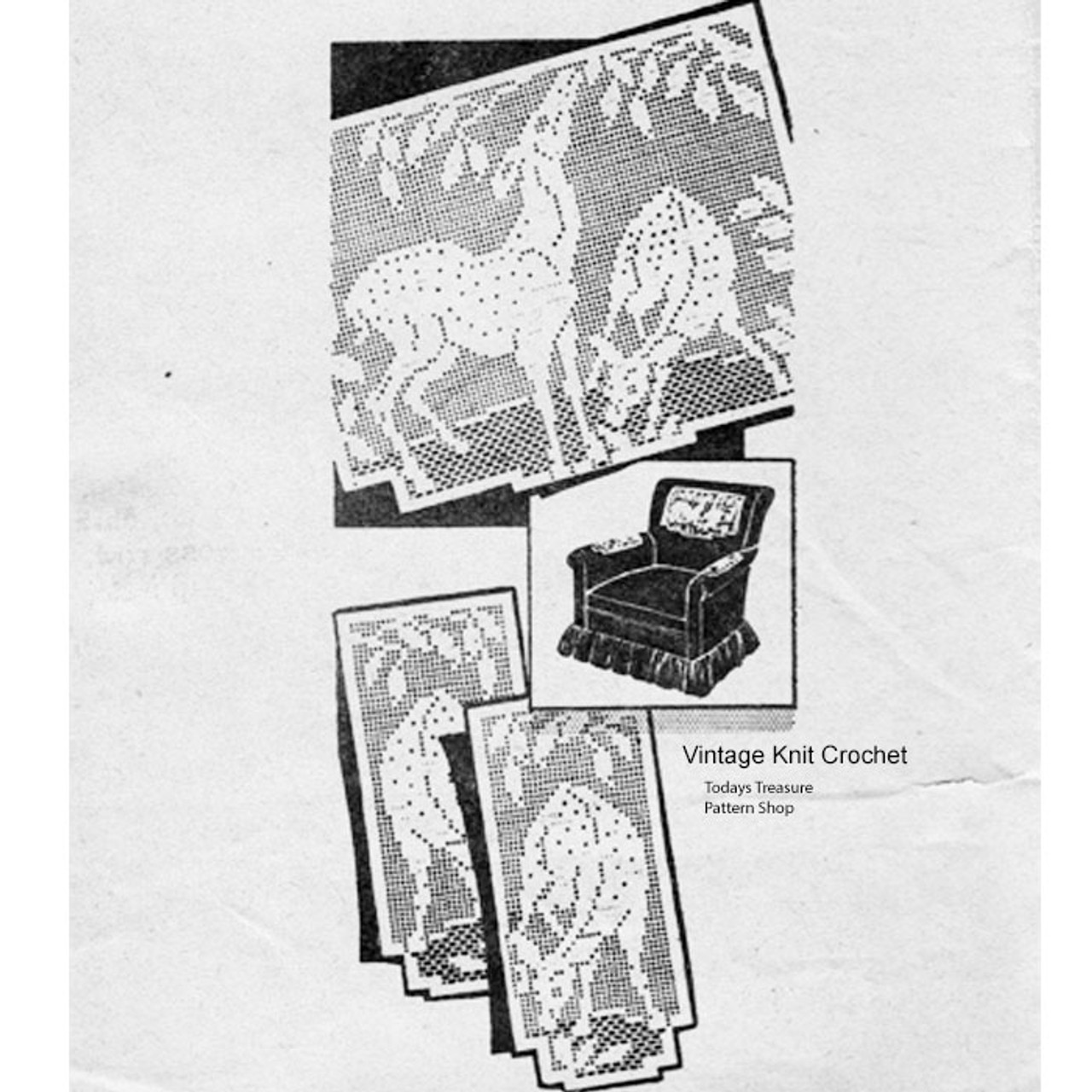 Filet crochet Deer Pattern, eating tree branch, Mail Order 7076