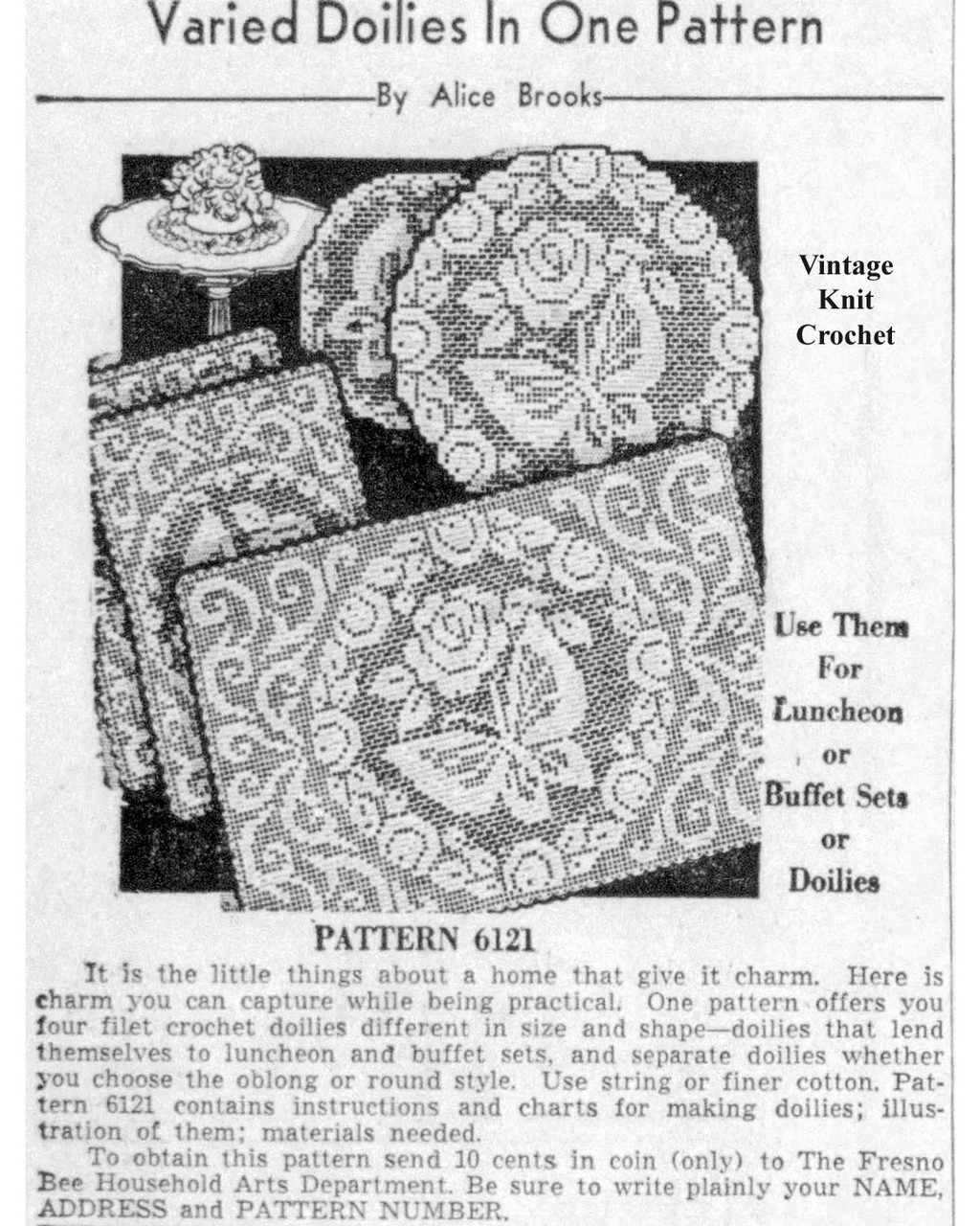 Mail Order Design 6121 Newspaper Advertisement for filet crochet doilies and mats.