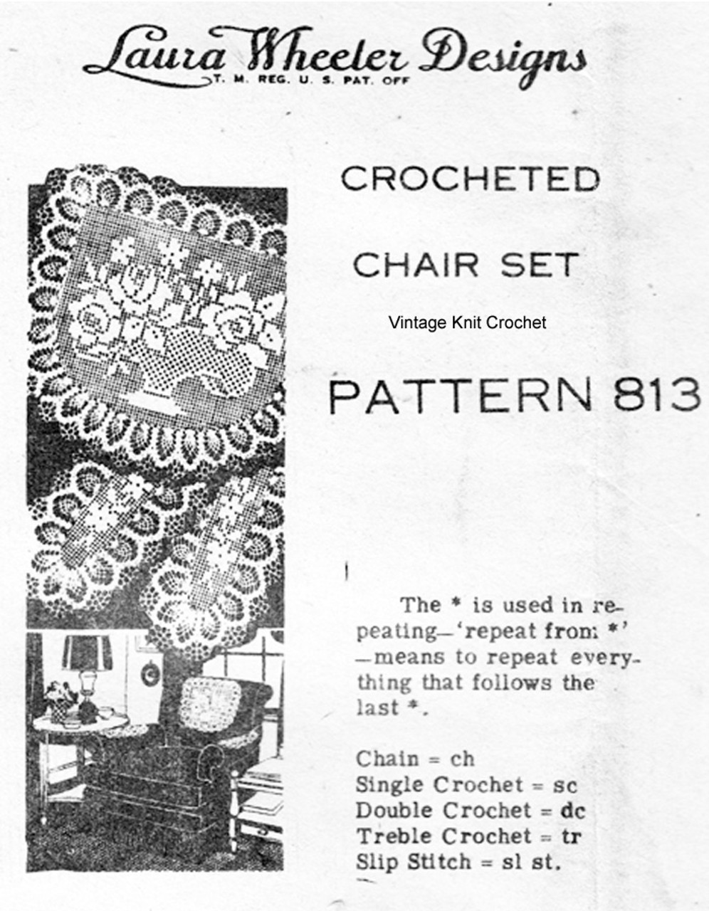 Filet Crochet Rose Chair Doily Pattern, Pineapple Border, Mail Order 813