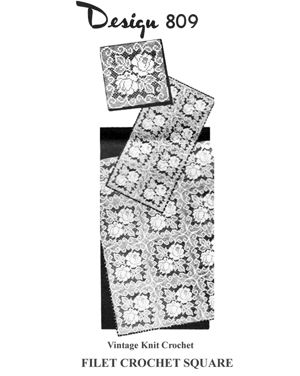 Rose Filet Crochet Square Pattern, Tablecloth Runner, Mail Order Design 809