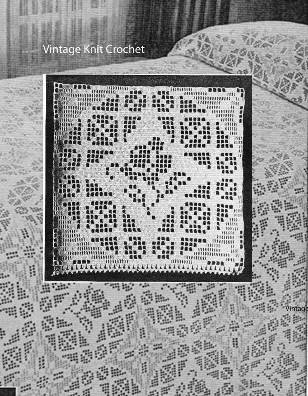 Vintage Rose Window Filet Crochet Bedspread Pattern Square