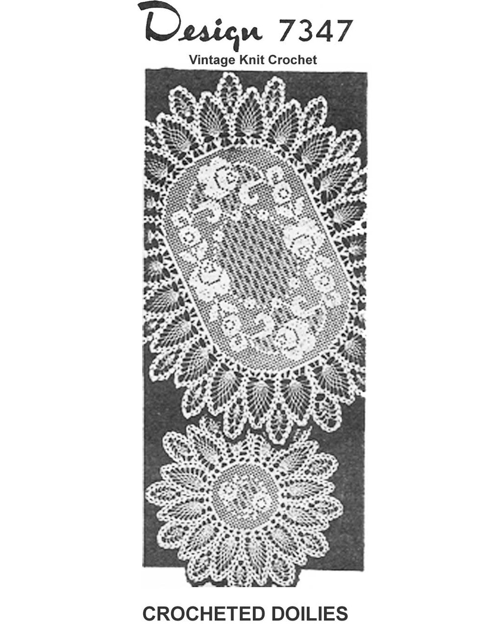 Filet Crochet Oval Rose Doily Pattern, Pineapple Border Design 7347