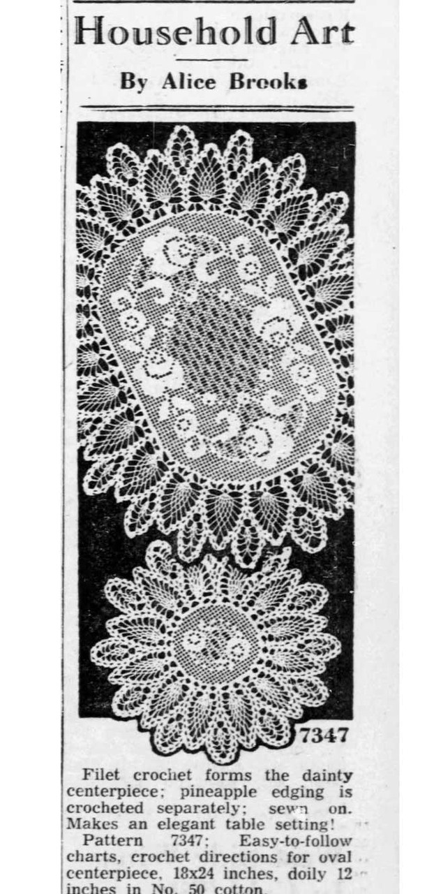 Alice Brooks 7347 Crocheted Doilies Newspaper Advertisement