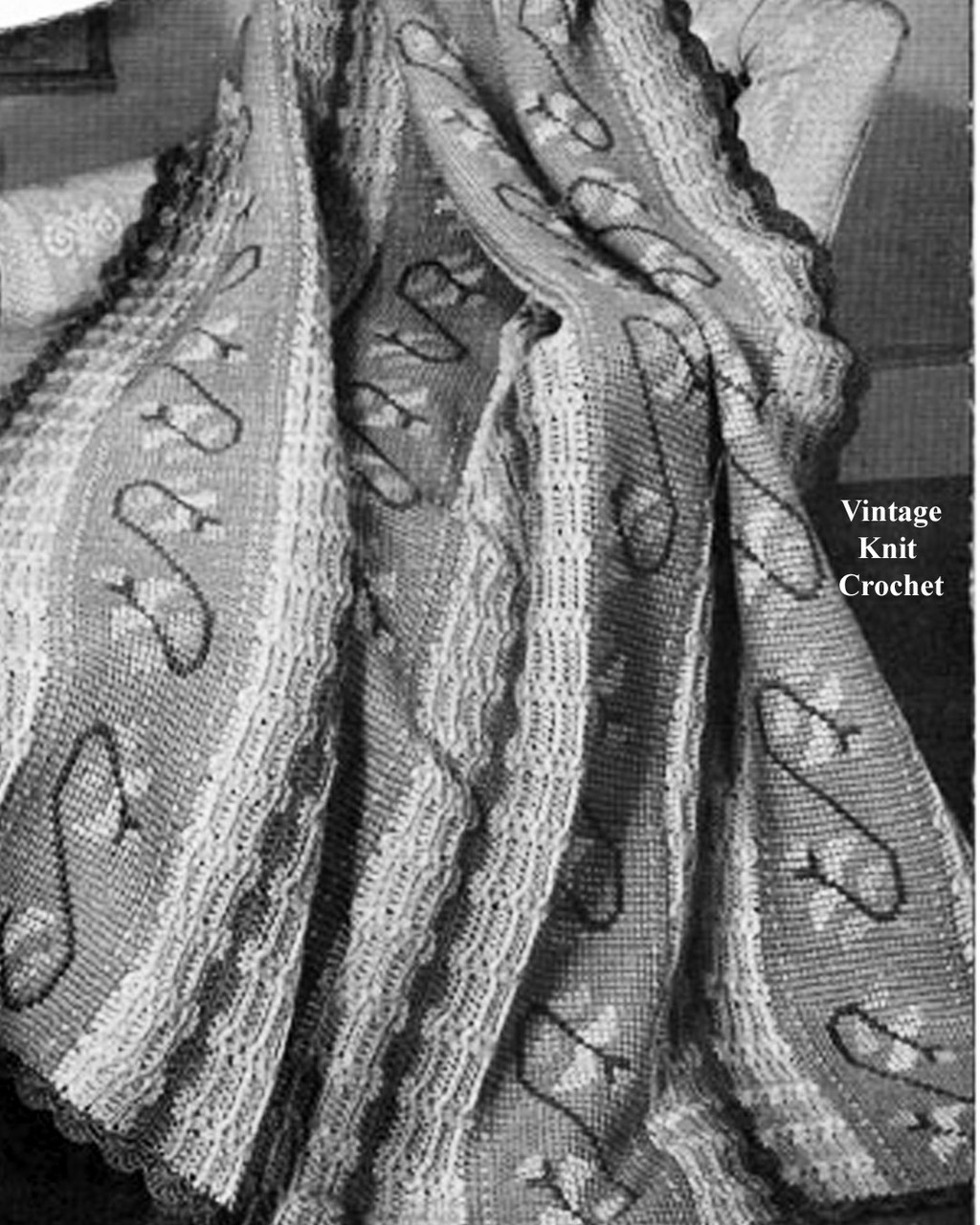 Crochet Afghan Blanket Pattern in Flower Scroll Motif named Old