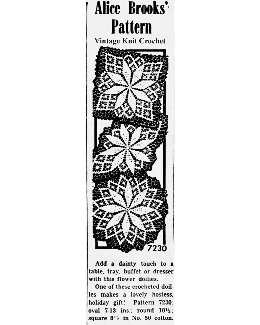 Mail Order Design 7230 Three Crocheted Doilies Newspaper advertisement