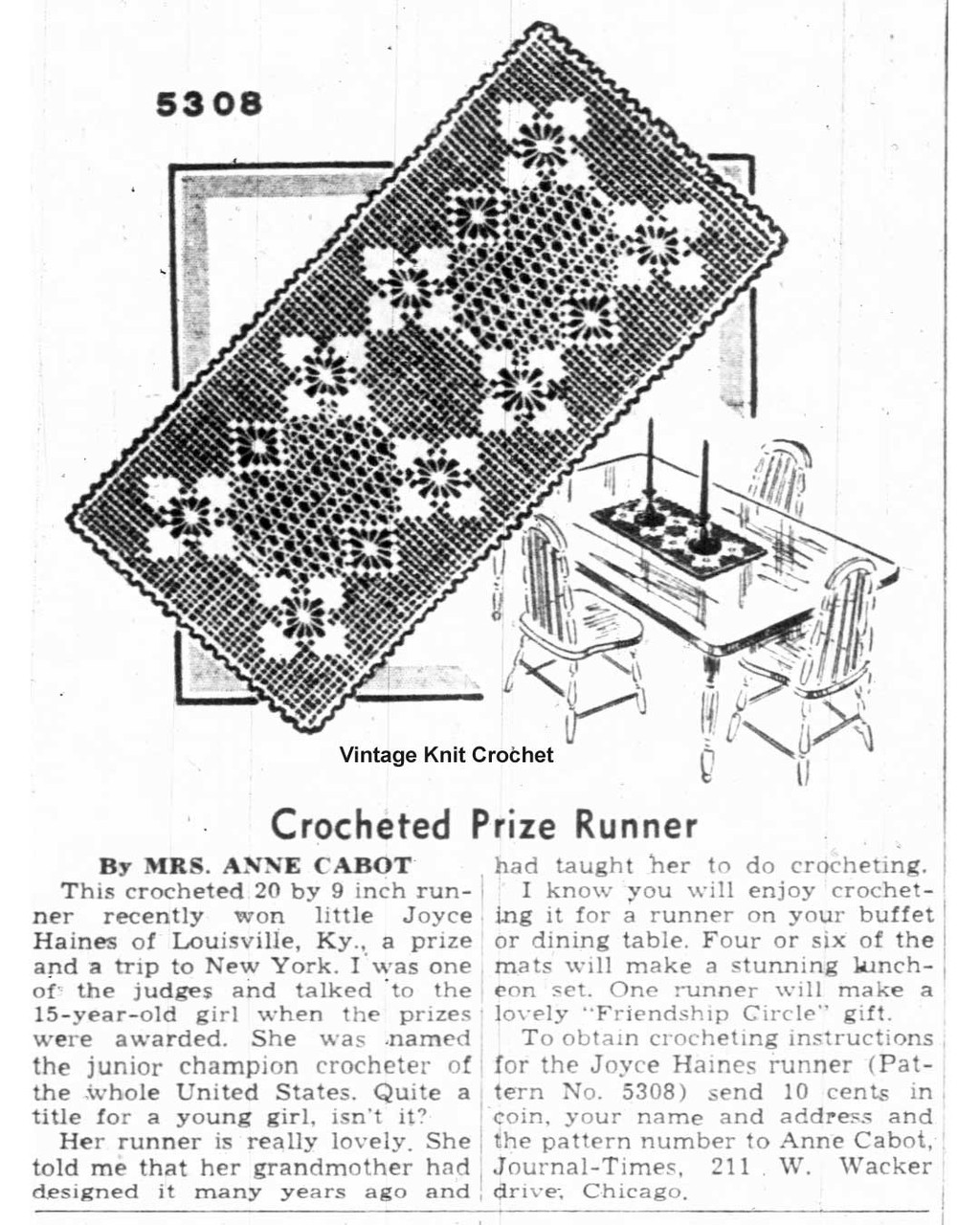 Crochet runner newspaper advertisement Anne Cabot 5308