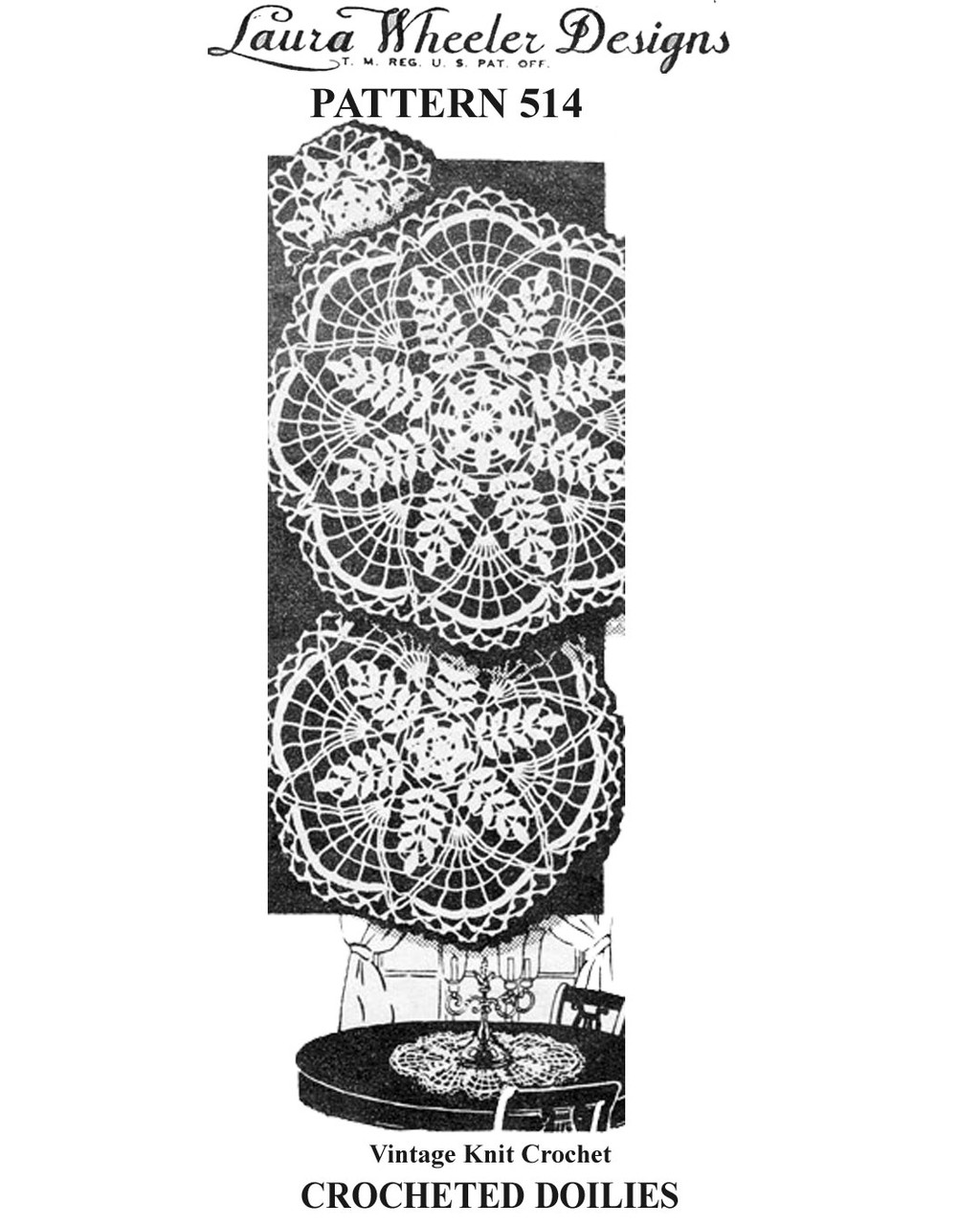 Vintage Crochet Fern Doily Pattern, small large Design 514