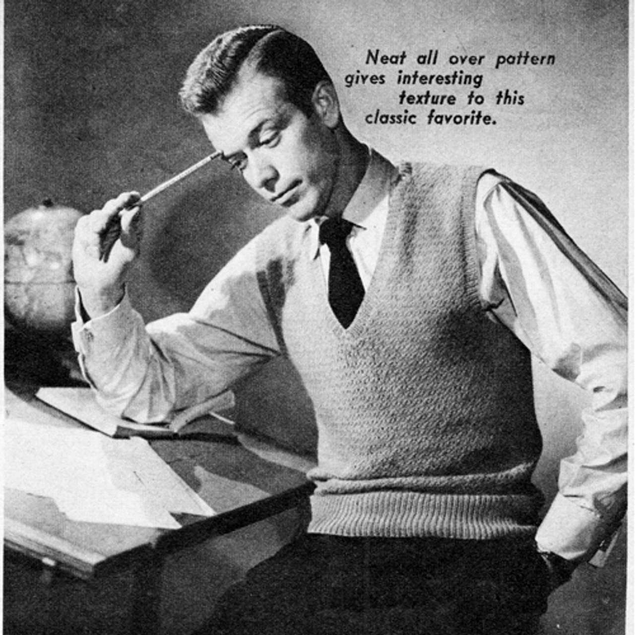 Mans Pullover Vest Knitting Pattern, Vintage 1950s