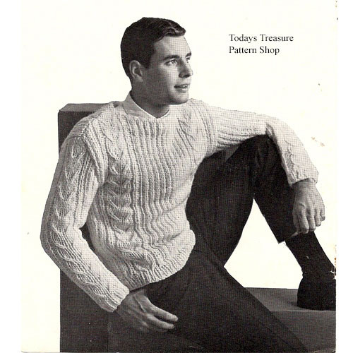 Mans Handsome Knitted Cable Sweater Pattern, Size 38 to 42