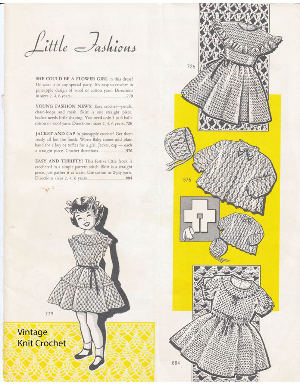 Girls Crochet Dress No 884 in the 1952 Laura Wheeler Designs Catalog