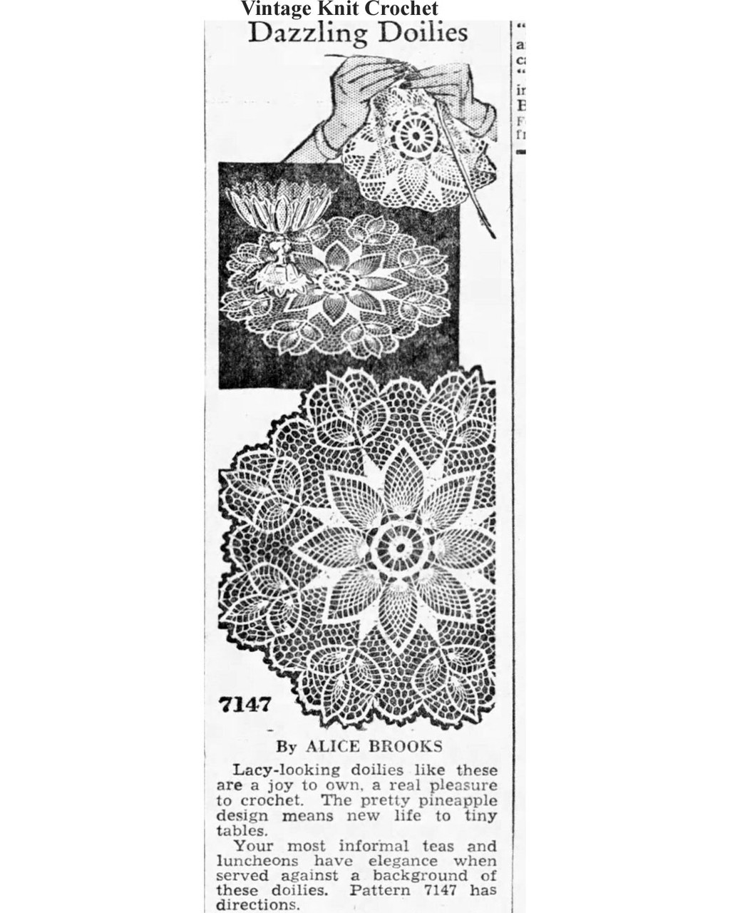 Mail Order Design Pattern 7147 Crochet Doilies Newspaper Advertisement