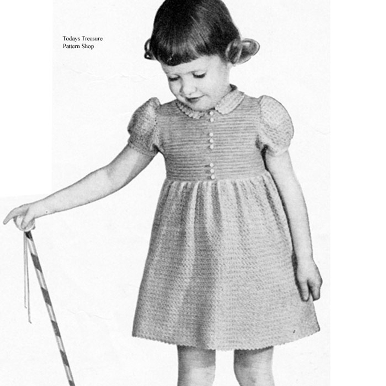 Vintage crochet pattern for girls dress with pull sleeves