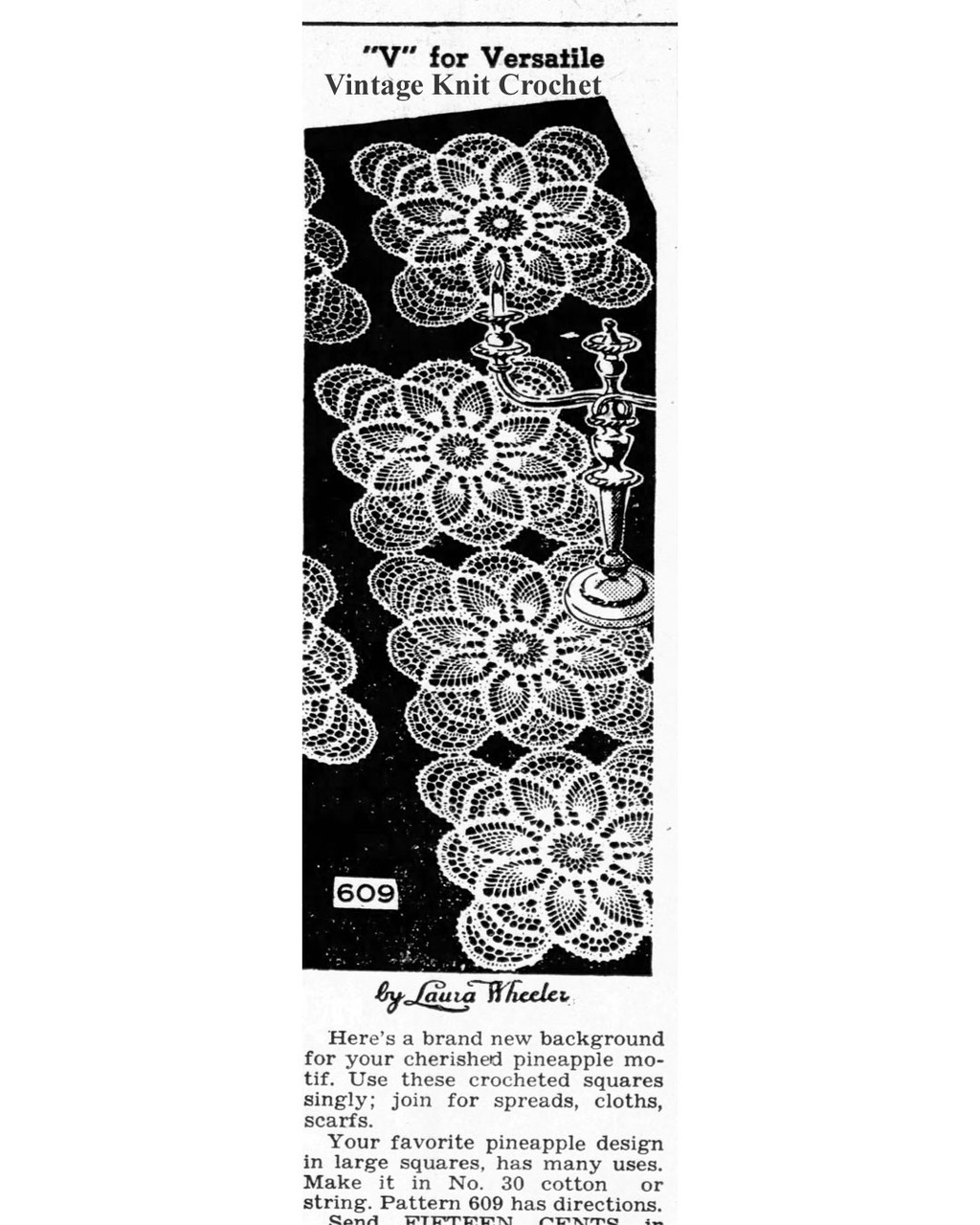 Mail Order Design 609, Crochet Pineapple Square Newspaper Advertisement 