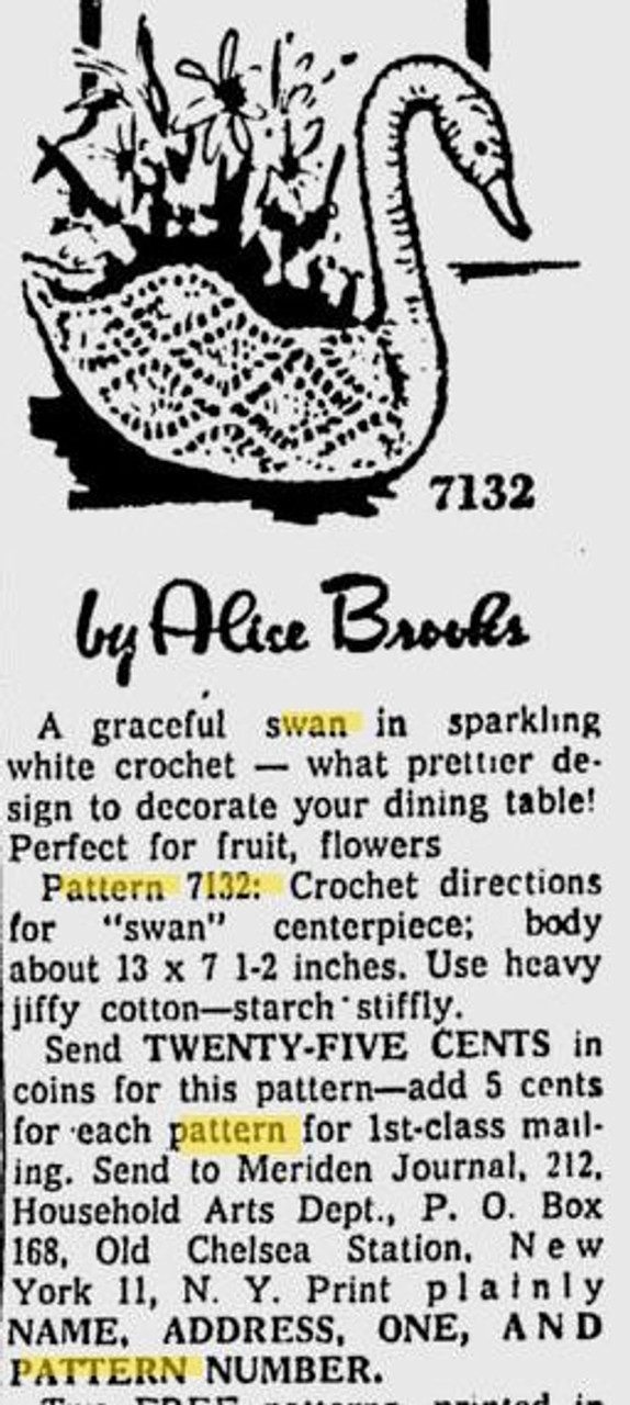 Crochet Swan Centerpiece Newspaper Advertisement Alice Brooks 7132