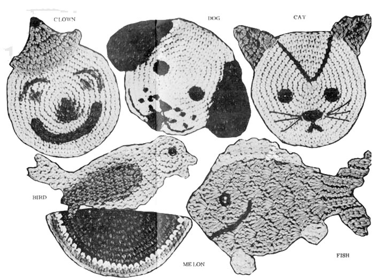 Vintage Dog Cat Fish Potholders Pattern Illustration, Mail Order Design 523