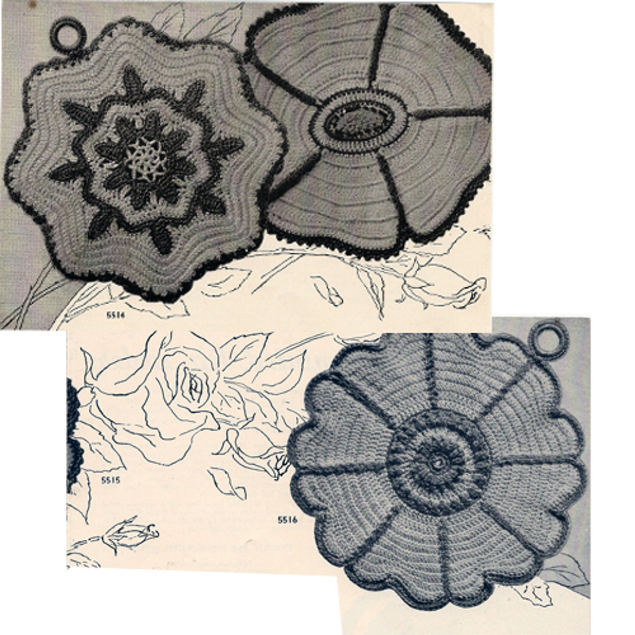 Vintage Flower Crochet Potholders Pattern