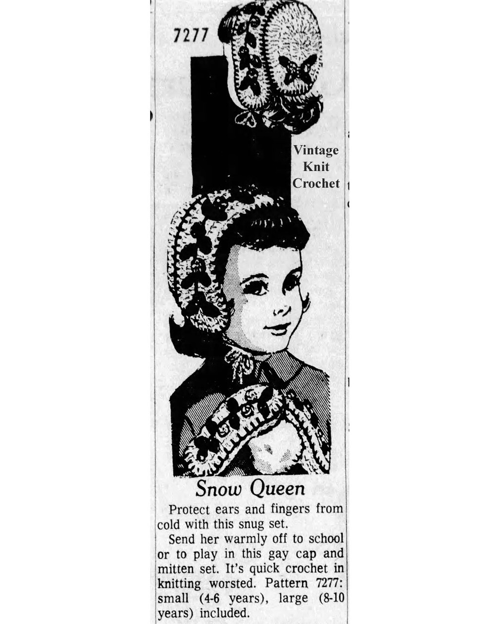 Mail Order Design 7277 Crochet Bonnet Mittens Newspaper Advertisement