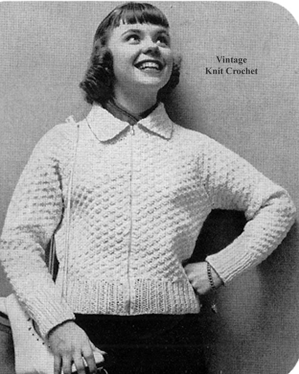 Knitted Zipper Jacket Pattern in Moss Stitch, Vintage 1956