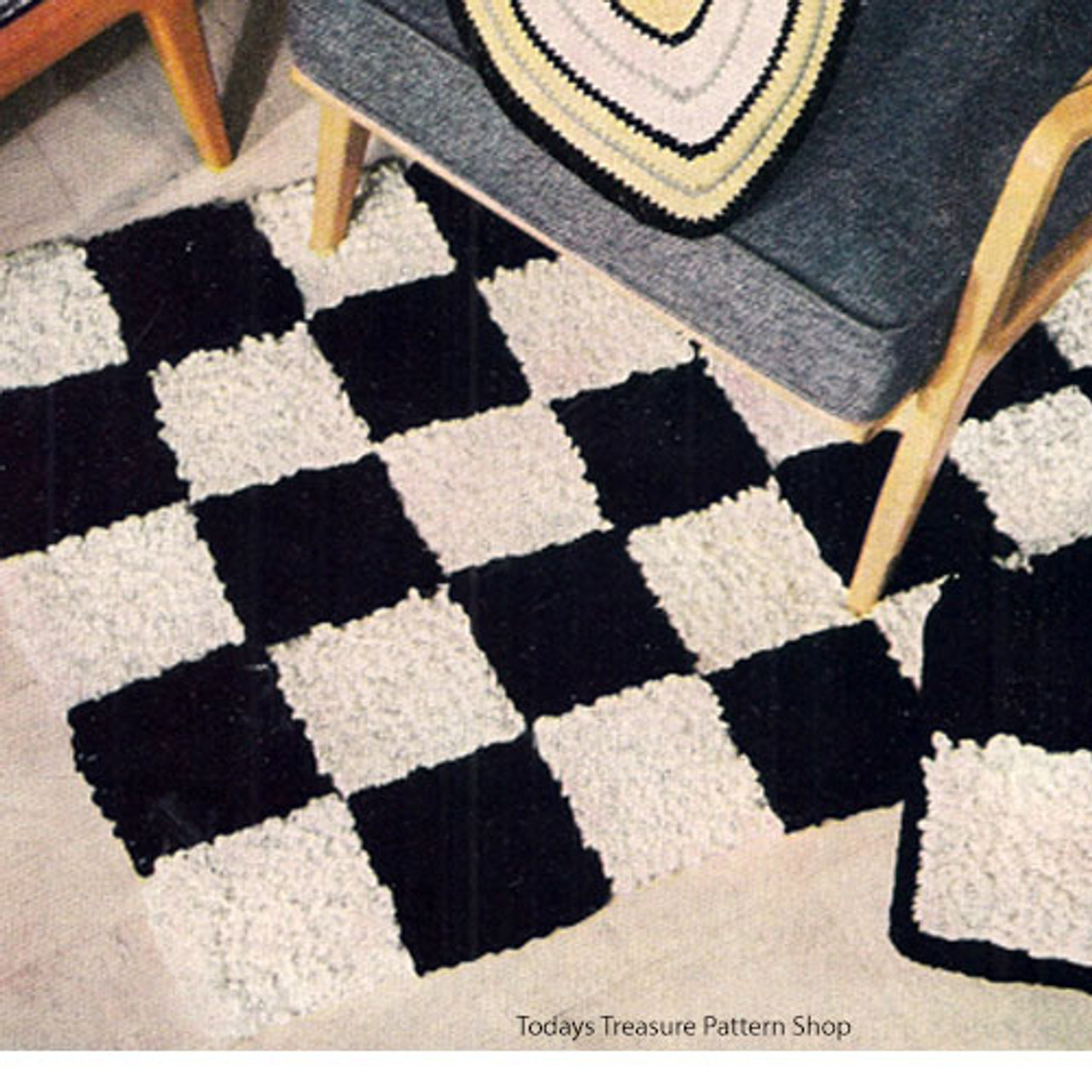 Black & White Checkerboard Rug pattern, Vintage 1950s