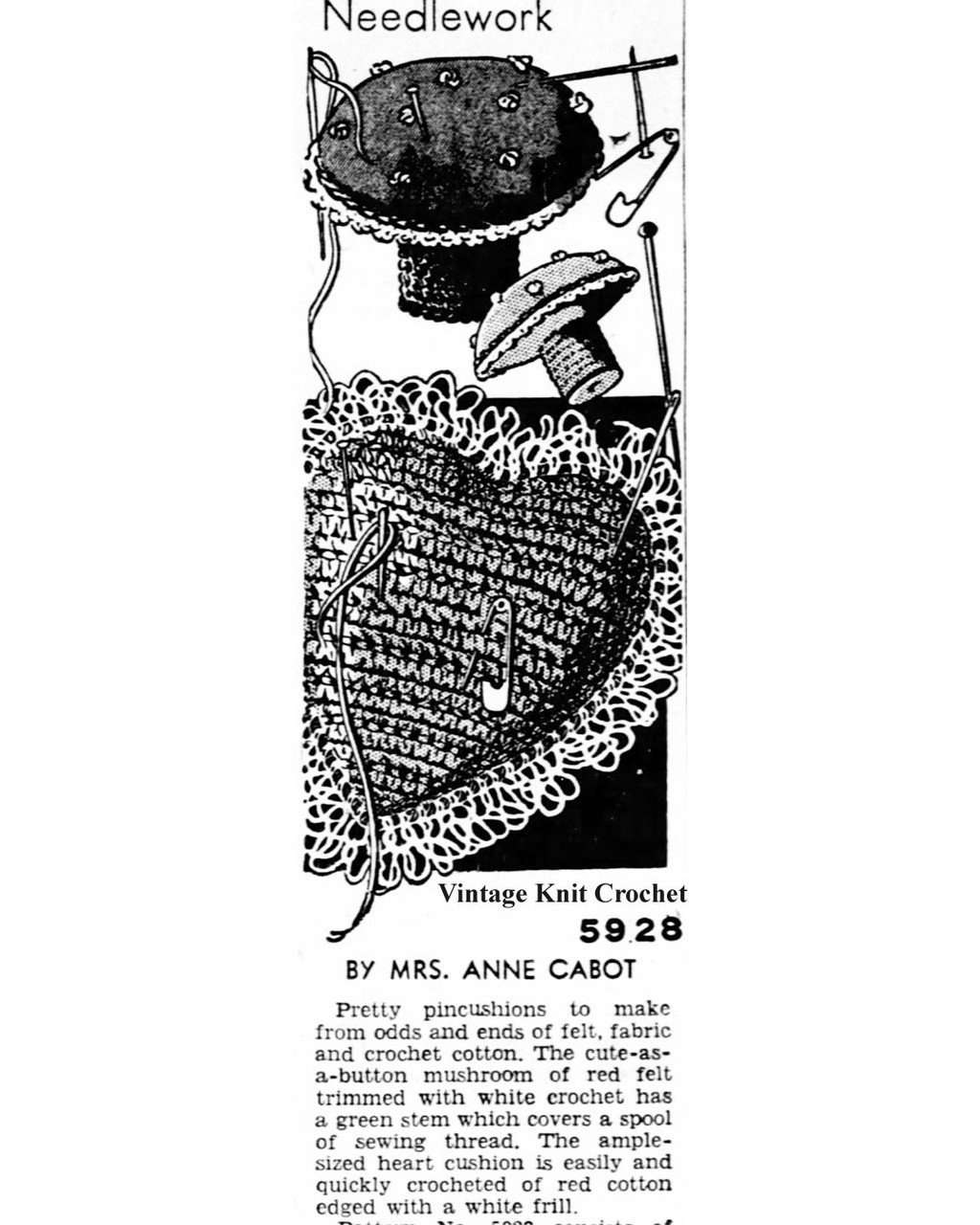 Mail Order No 5928 Crochet Pincushions Newspaper Advertisement