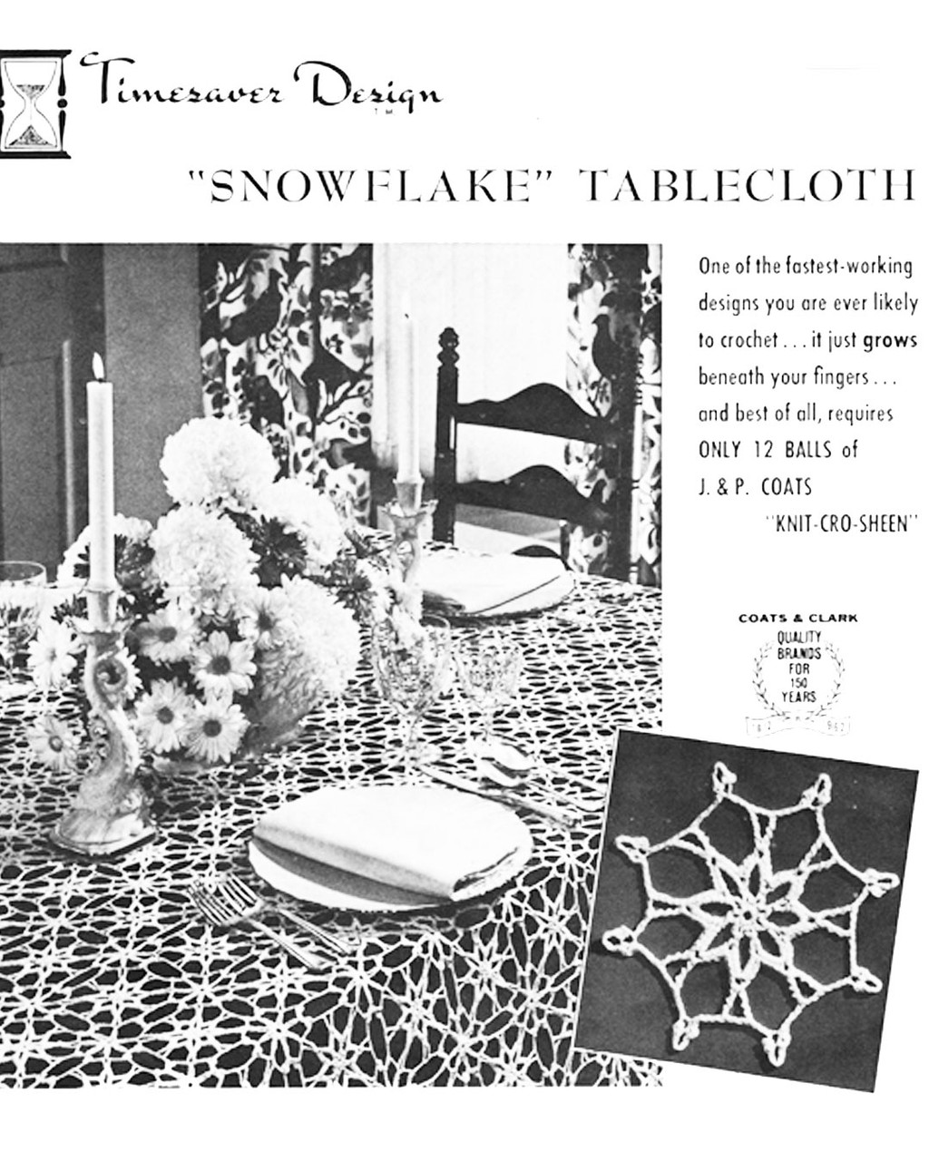 Coats Leaflet C-804, Crochet Snowflake Tablecloth Pattern