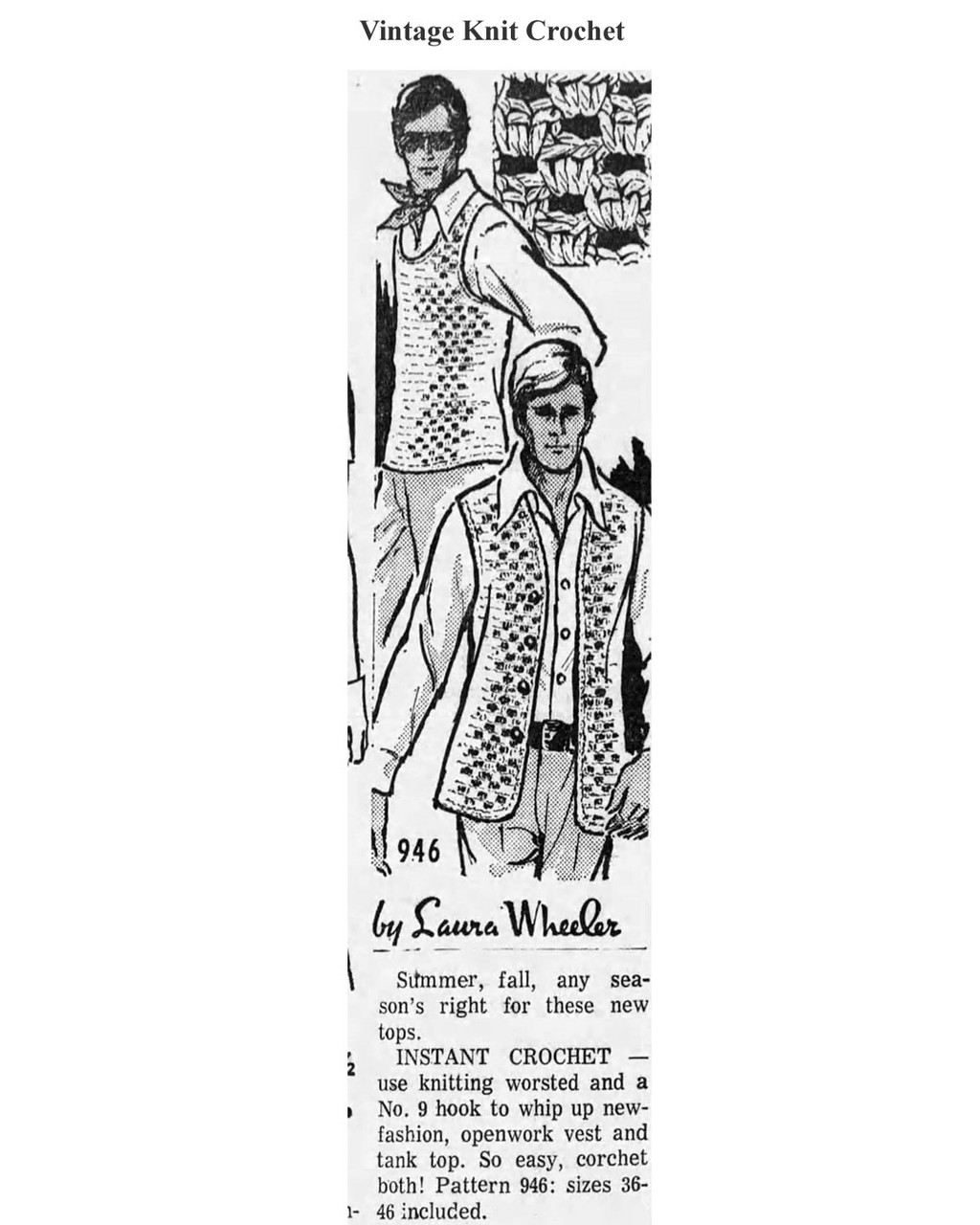 Mail Order Design 946 Mans Crochet Vest Pattern Newspaper Advertisement 