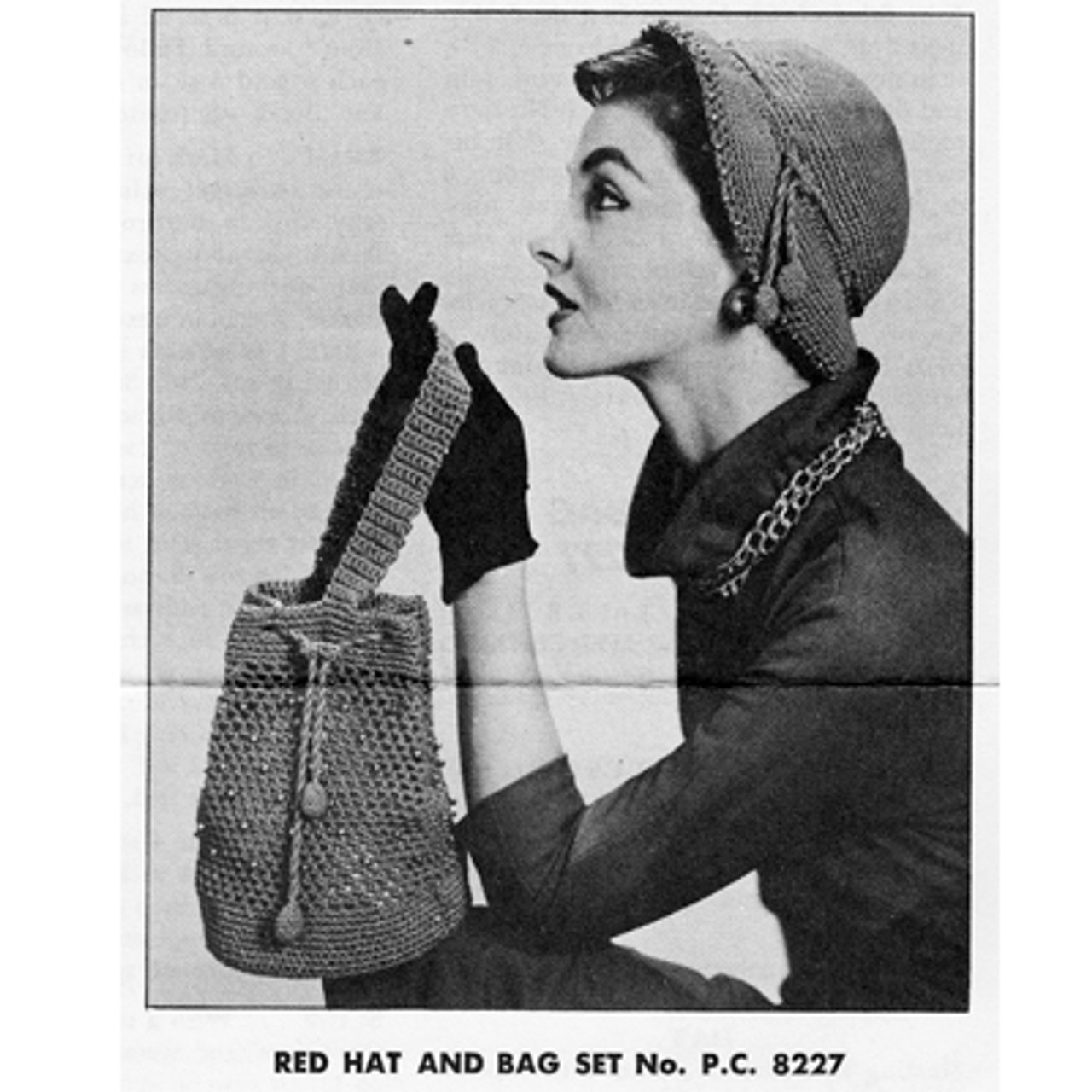 Crochet Beaded Hat and Handbag Pattern, Vintage 1950s