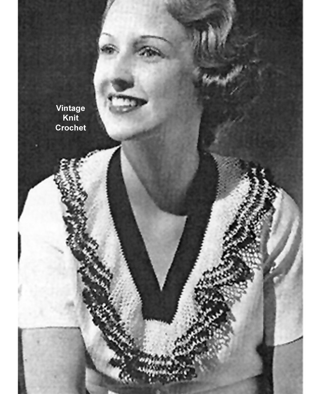 V-Neck Crochet  Ruffled Collar Pattern, Vintage 1930s