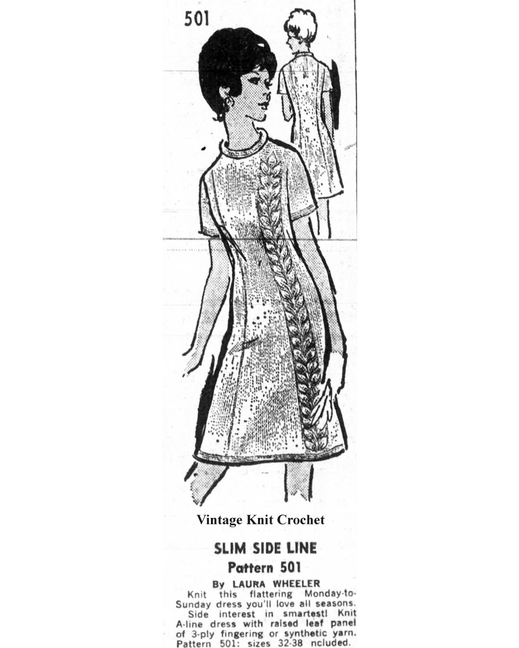 Knitted Dress Pattern, Raised Leaf Panel, Laura Wheeler 501, Mail