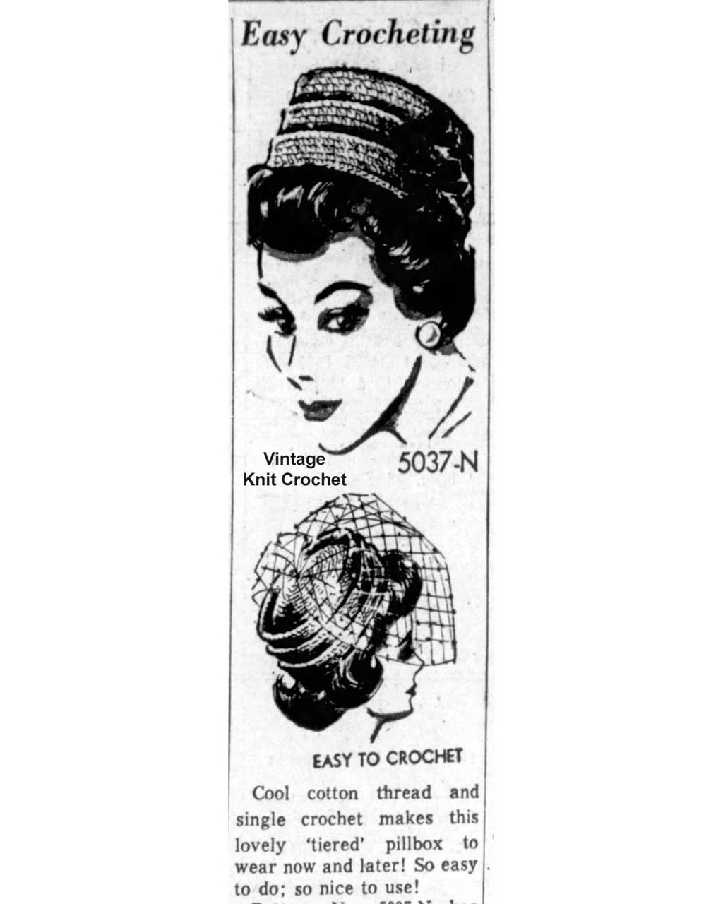 Crochet Pillbox Hat Pattern Newspaper Advertisement, Anne Cabot 5037