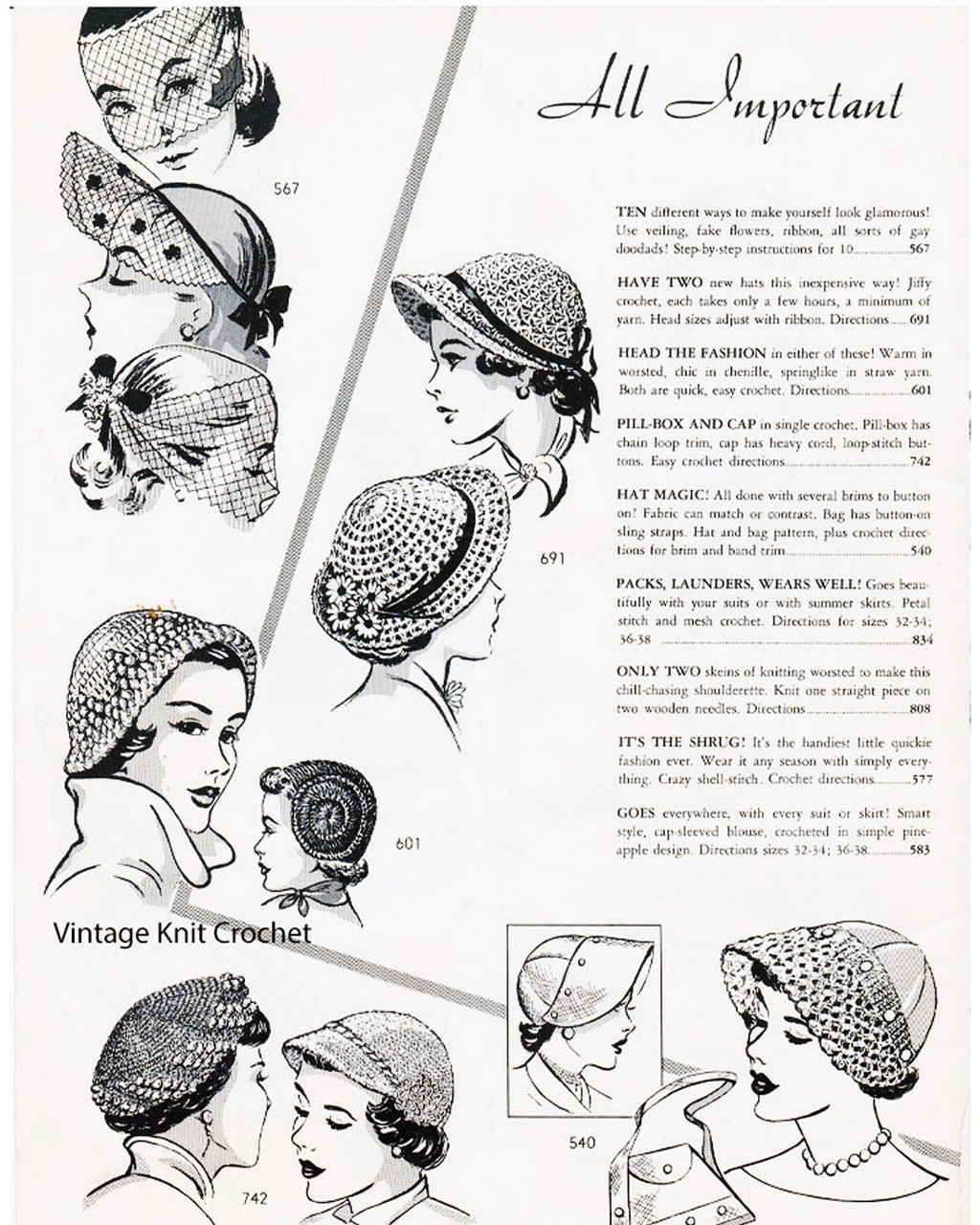 Design 601, Crochet Cloche Hap Hat pattern in Laura Wheeler 1952 Catalog