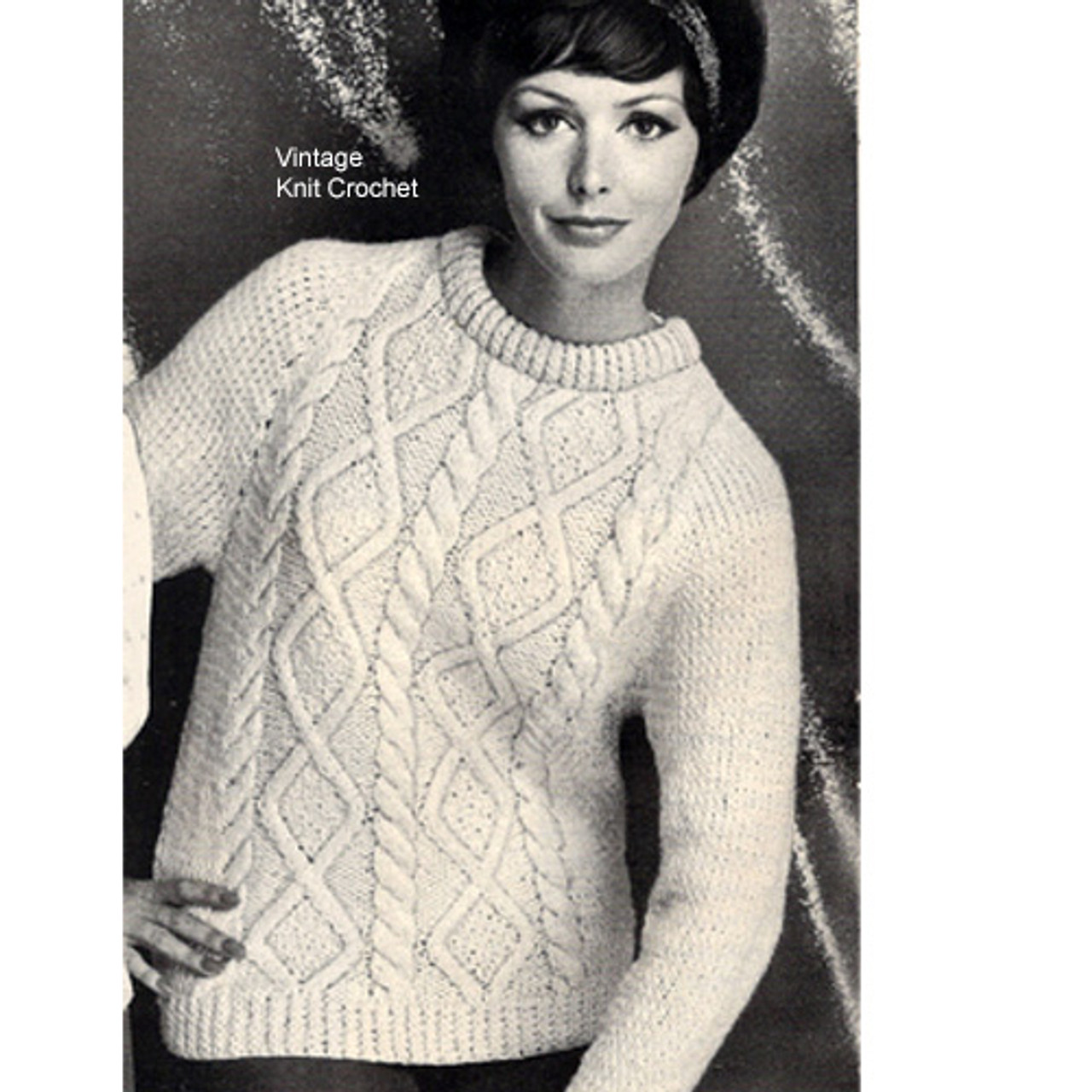 Vintage Aran Sweater Knitting Pattern, Crew Neck